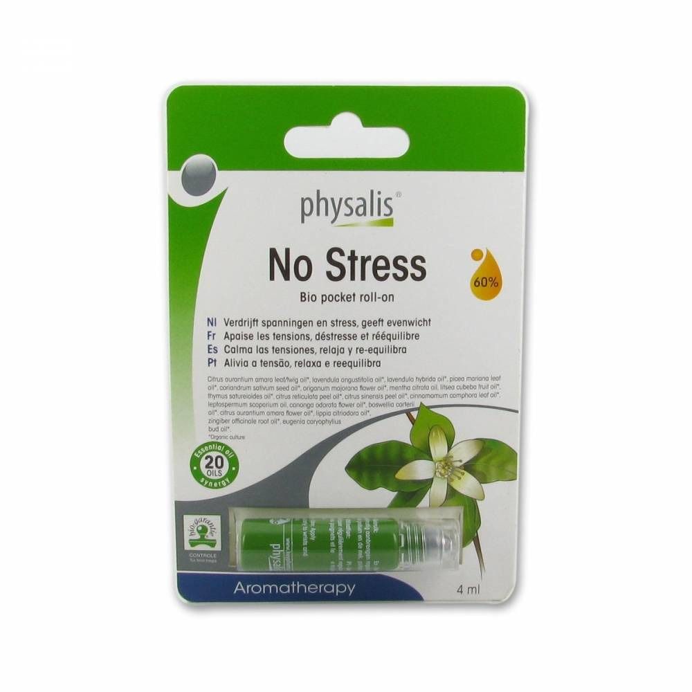 Emballage avec roll-on vert. Inscription : physalis No Stress. Aromathérapie. 4 ml.