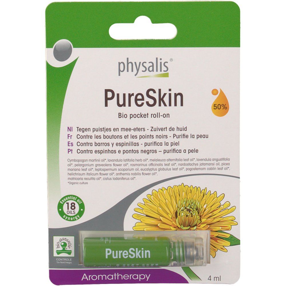 Roll-on vert dans un emballage blister. Inscription : Physalis PureSkin Bio pocket roll-on. Contient 18 huiles. 4 ml.