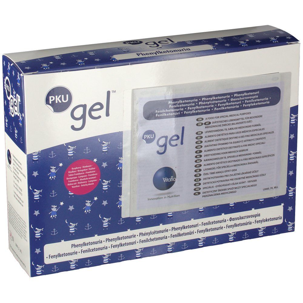 Boîte de PKU gel. Emballage bleu et blanc avec informations produit et logo PKU gel. Film transparent avec texte.