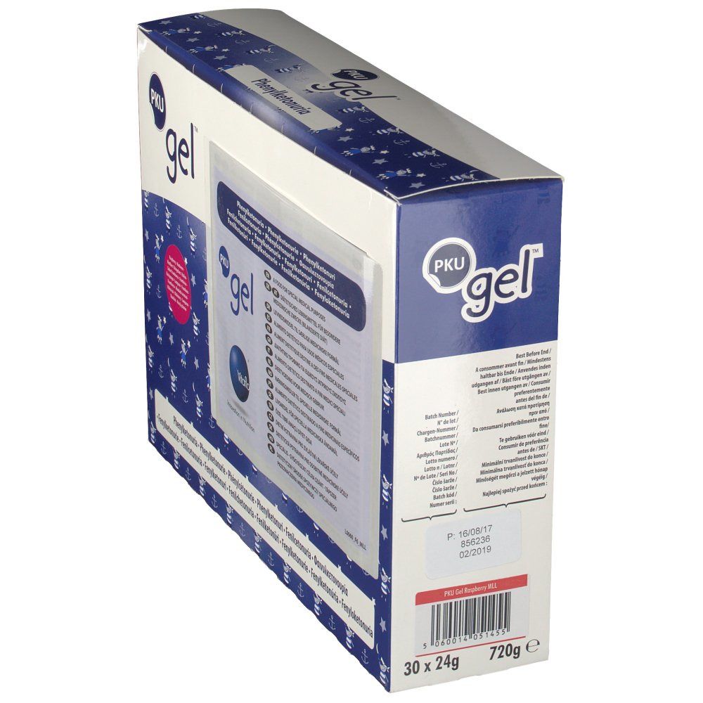 Boîte de PKU gel, vue en biais. Emballage bleu et blanc avec informations produit et logo PKU gel.