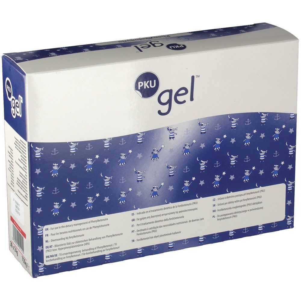 Boîte de PKU gel. Emballage bleu et blanc avec informations produit et logo PKU gel. Texte en plusieurs langues.