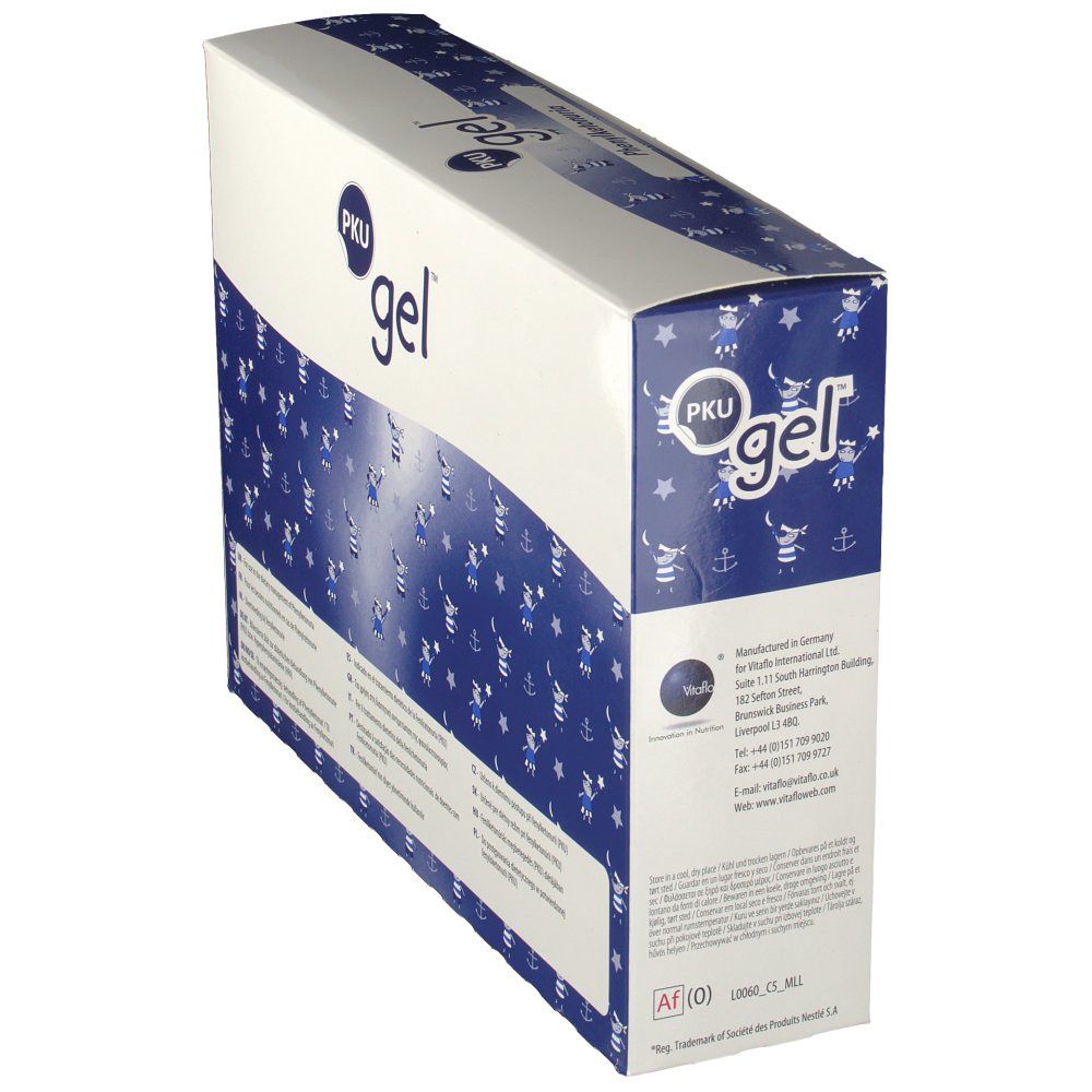 Boîte de PKU gel, vue en biais. Emballage bleu et blanc avec logo PKU gel et informations fabricant.