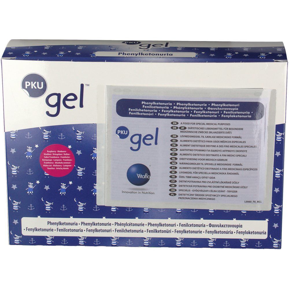 Boîte de PKU gel. Emballage bleu et blanc avec informations produit, logo PKU gel et sachet transparent.