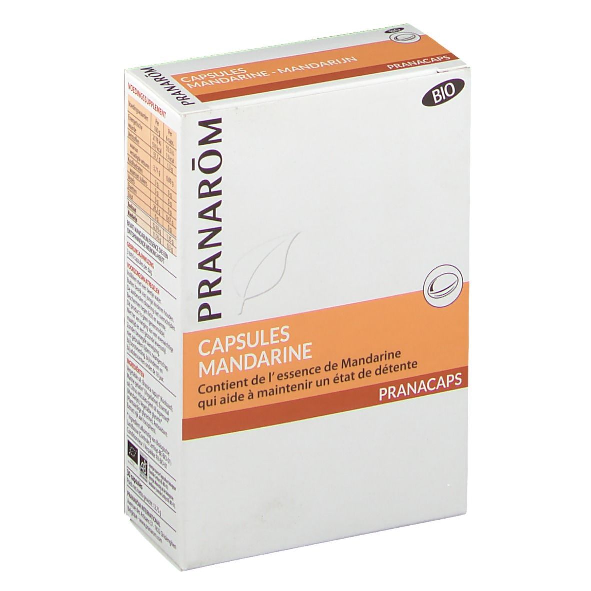 Boîte Capsules Mandarine. Logo Pranarom. Certification Bio. Contient de l'essence de Mandarine. PRANACAPS.