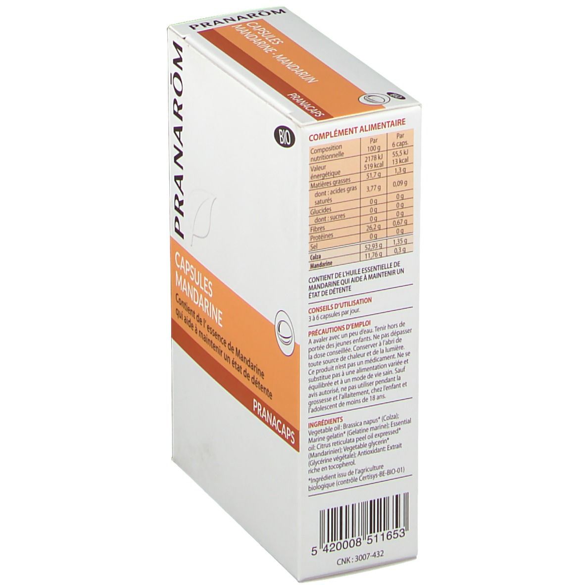 Boîte Capsules Mandarine, en biais. Logo Pranarom. Certification Bio. Informations nutritionnelles. PRANACAPS.