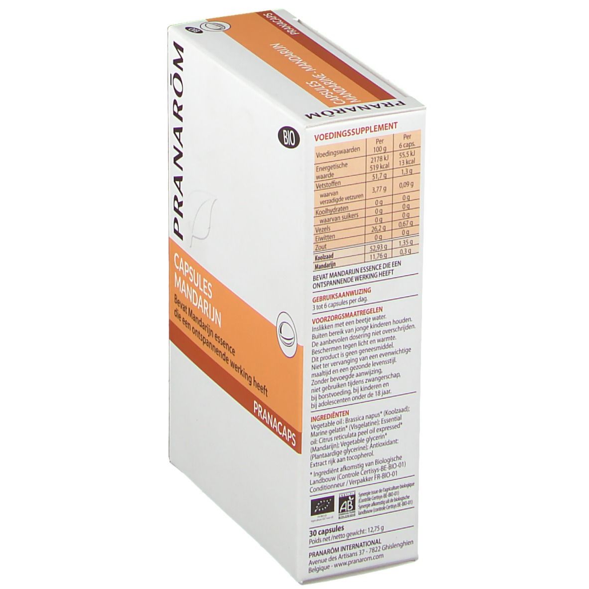 Boîte Capsules Mandarine, en biais. Logo Pranarom. Certification Bio. Informations nutritionnelles. PRANACAPS.