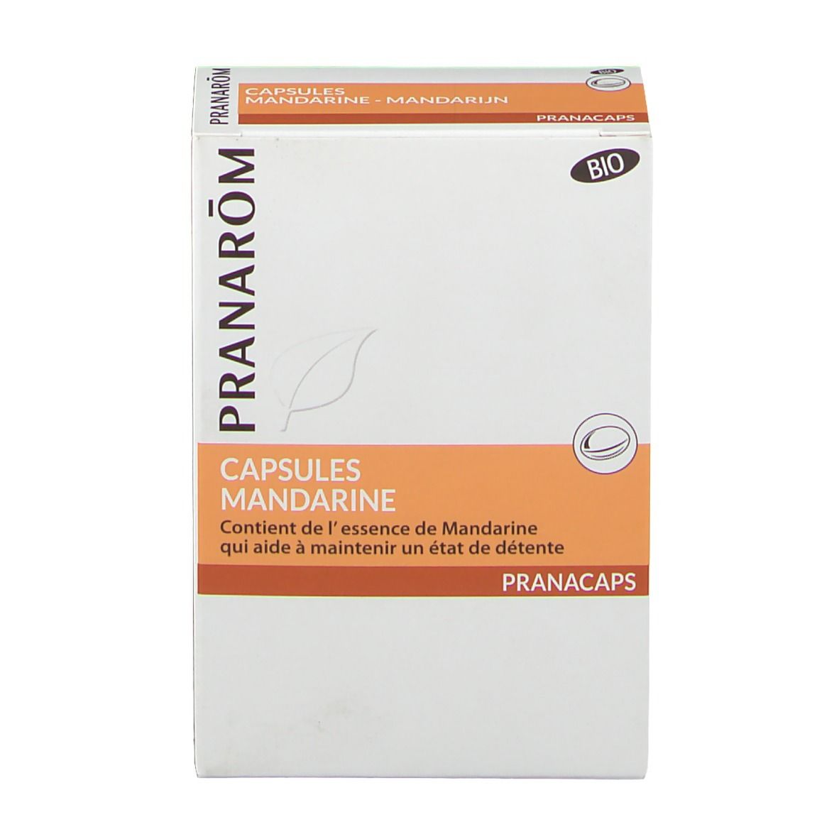 Boîte Capsules Mandarine. Logo Pranarom. Certification Bio. Contient de l'essence de Mandarine. PRANACAPS.