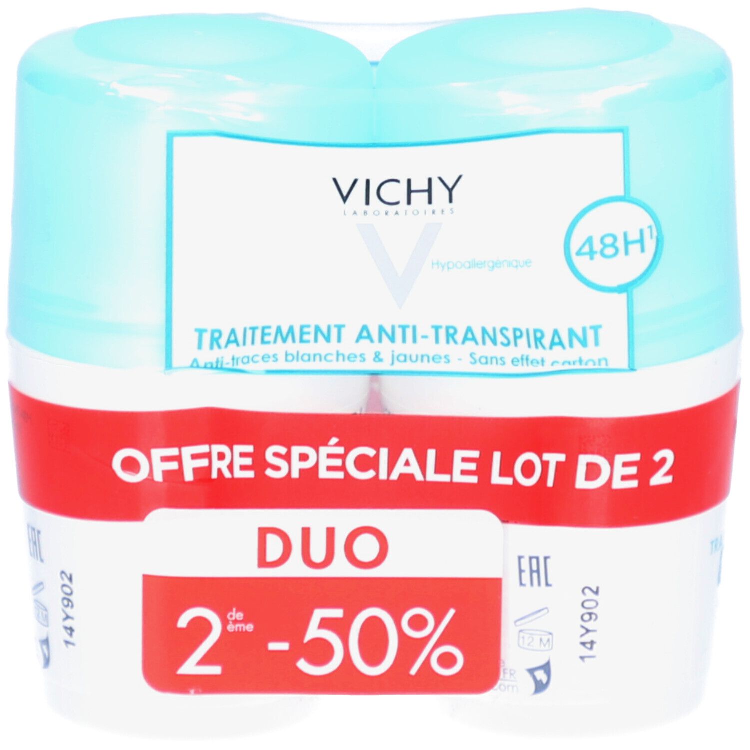 Lot de deux Vichy Anti-Transpirant 48H. Emballage plastique. Inscription 'Offre Spéciale Lot de 2'. Flacons blancs et bleus.