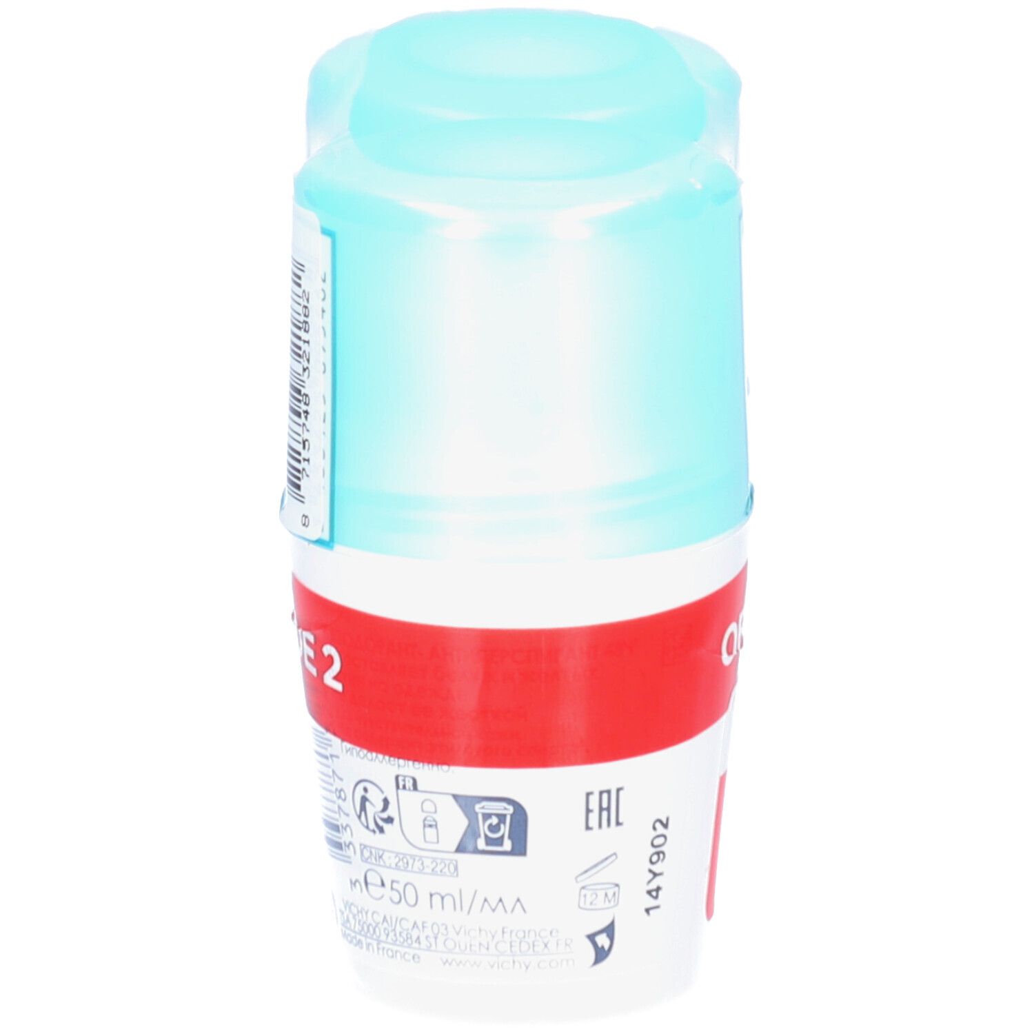 Roll-on Vichy Anti-Transpirant 48H. Bouteille unique sous film. Capuchon bleu, corps blanc avec bande rouge. Inscriptions en français et néerlandais.