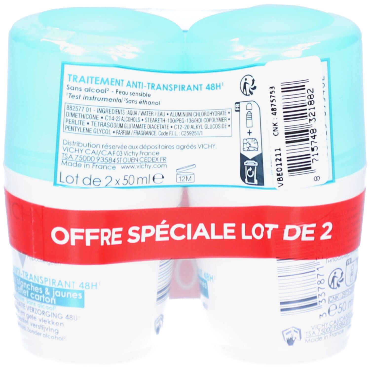 Lot de deux Vichy Anti-Transpirant 48H. Emballage plastique. Inscription 'Offre Spéciale Lot de 2'. Dos avec informations.