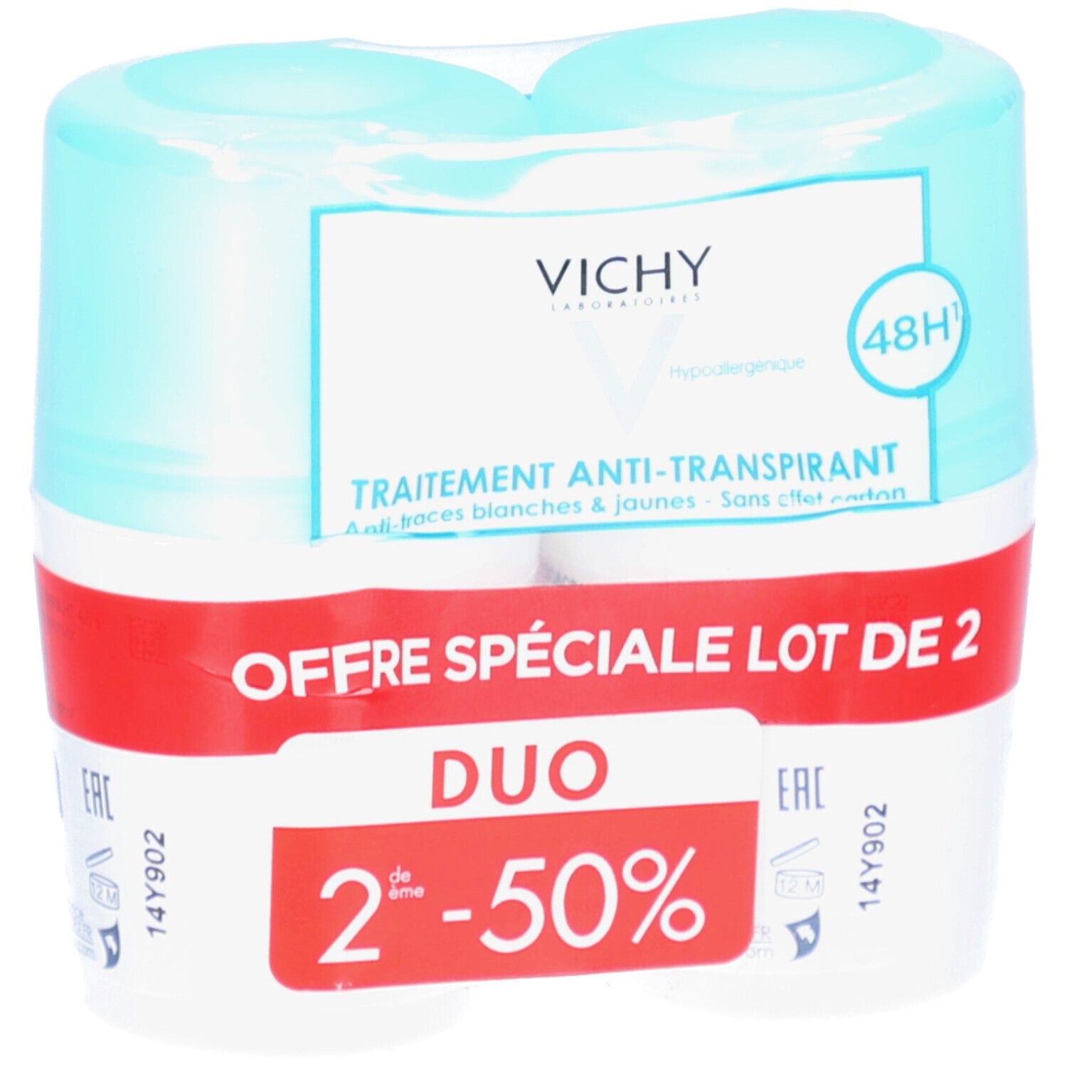 Lot de deux Vichy Anti-Transpirant 48H. Emballage plastique. Inscription 'Offre Spéciale Lot de 2'. Flacons blancs et bleus.