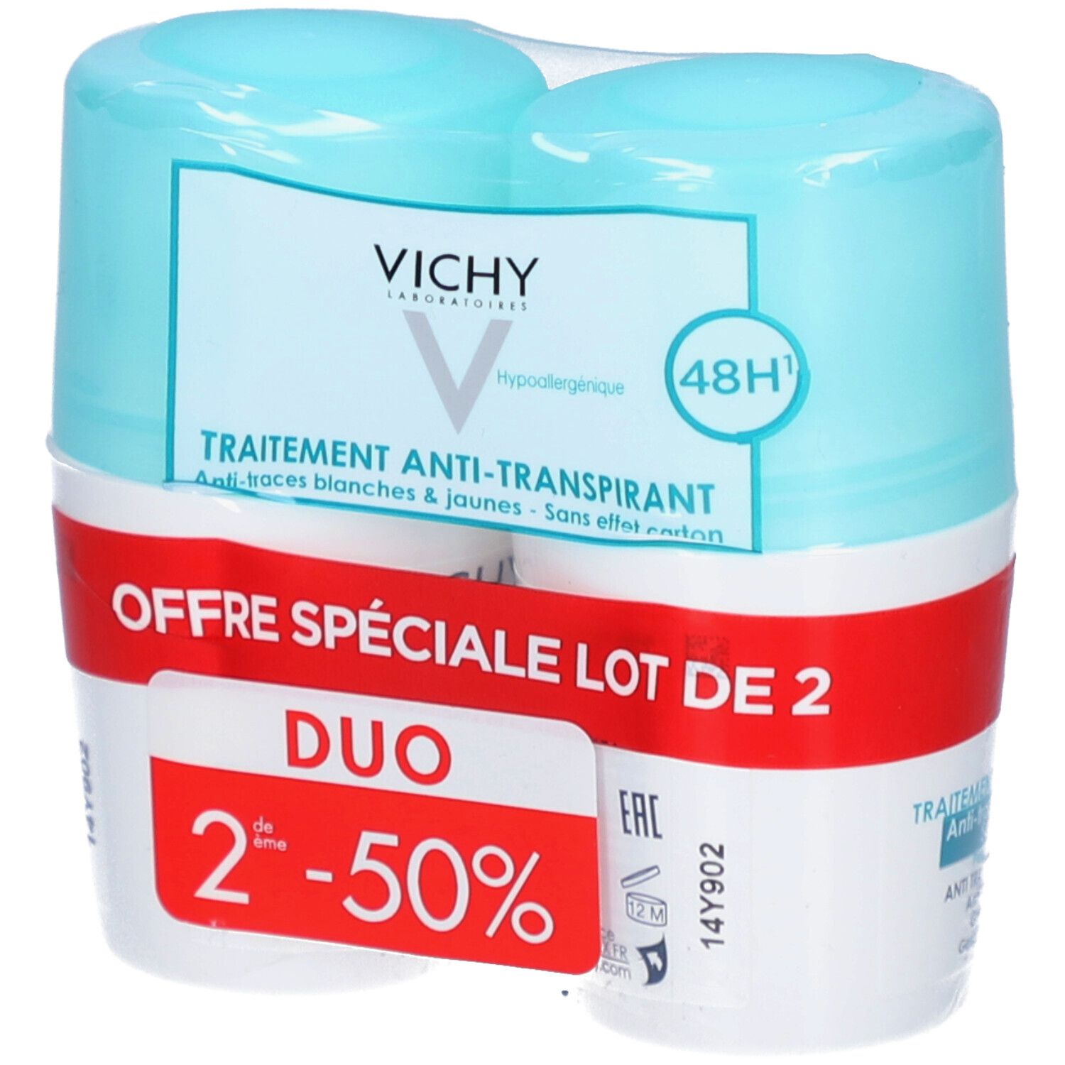 Lot de deux Vichy Anti-Transpirant 48H. Emballage plastique. Inscription 'Offre Spéciale Lot de 2'. Flacons blancs et bleus.