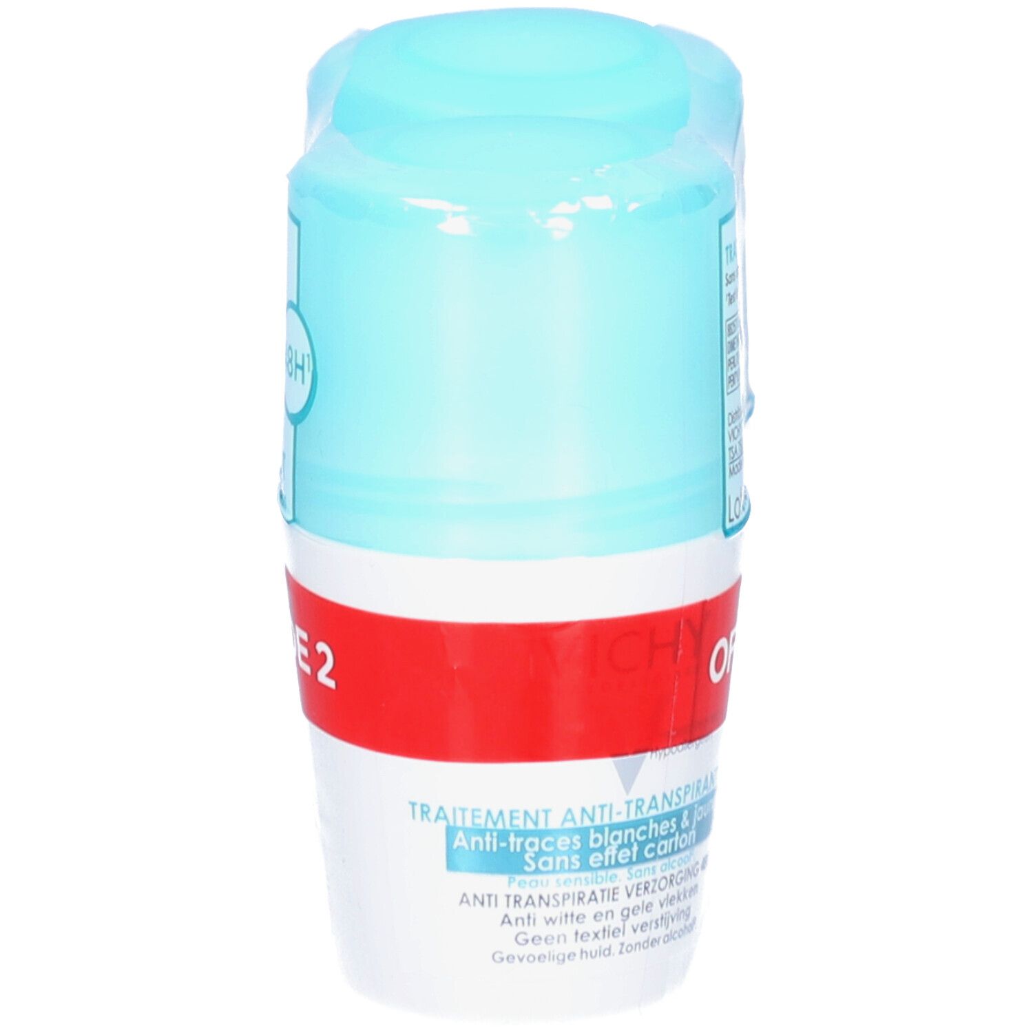 Roll-on Vichy Anti-Transpirant 48H. Bouteille unique sous film. Capuchon bleu, corps blanc avec bande rouge. Inscriptions en français et néerlandais.