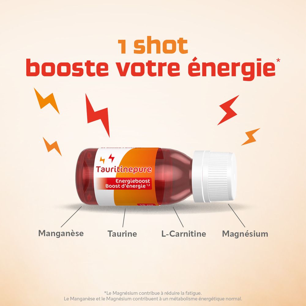 Flacon Tauritinepure avec texte. Inscriptions: Manganèse, Taurine, L-Carnitine, Magnésium. Fond orange.