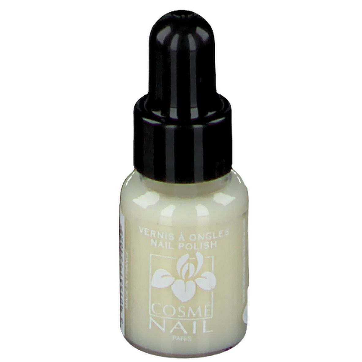 Flacon de vernis à ongles COSMÈ NAIL Paris, bouchon noir. Couleur crème.