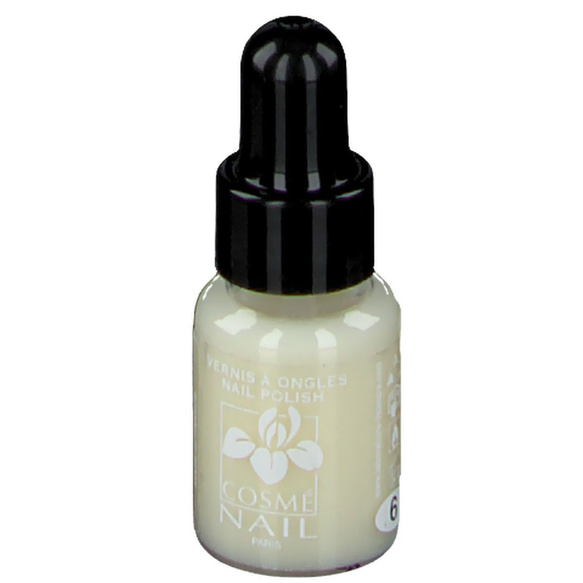Flacon de vernis à ongles, bouchon noir. COSMÈ NAIL Paris. Couleur crème. Numéro 6.