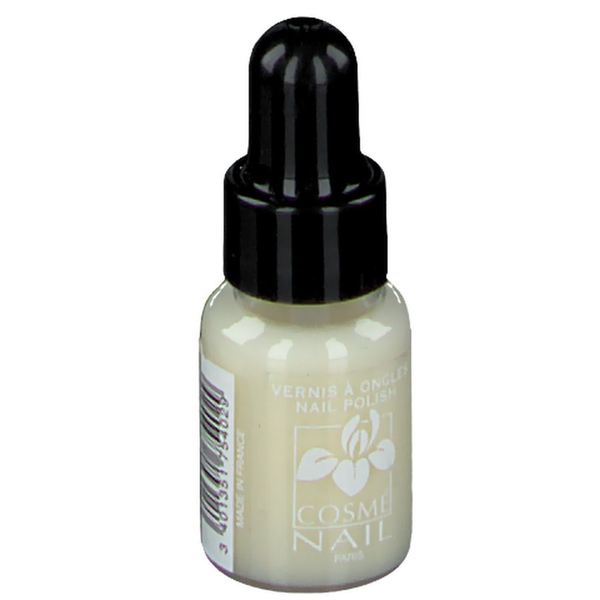 Flacon de vernis à ongles, bouchon noir. COSMÈ NAIL Paris. Couleur crème.