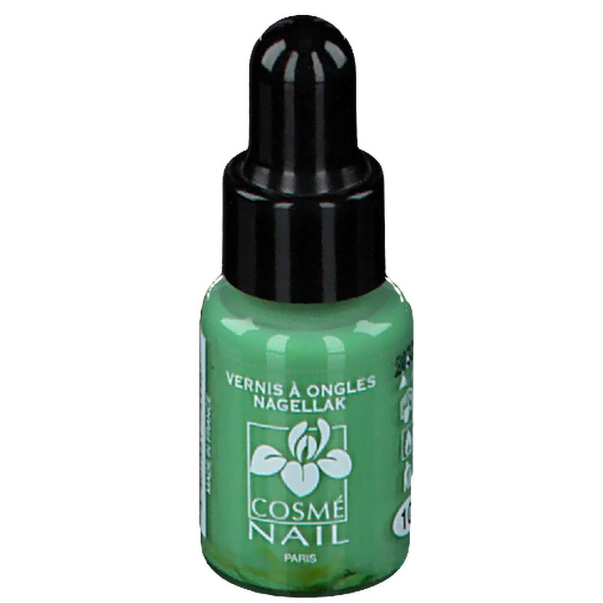 Flacon de vernis à ongles vert clair avec bouchon noir. Inscription : Cosmé Nail Paris. Couleur : vert clair.