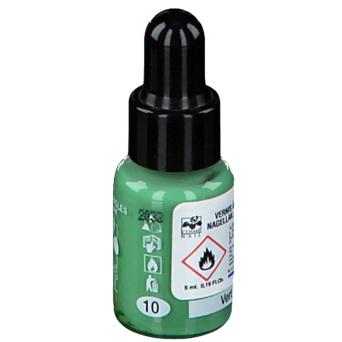 Flacon de vernis à ongles vert clair avec bouchon noir. Inscription : Nagellack. Avertissement. Couleur : vert clair.