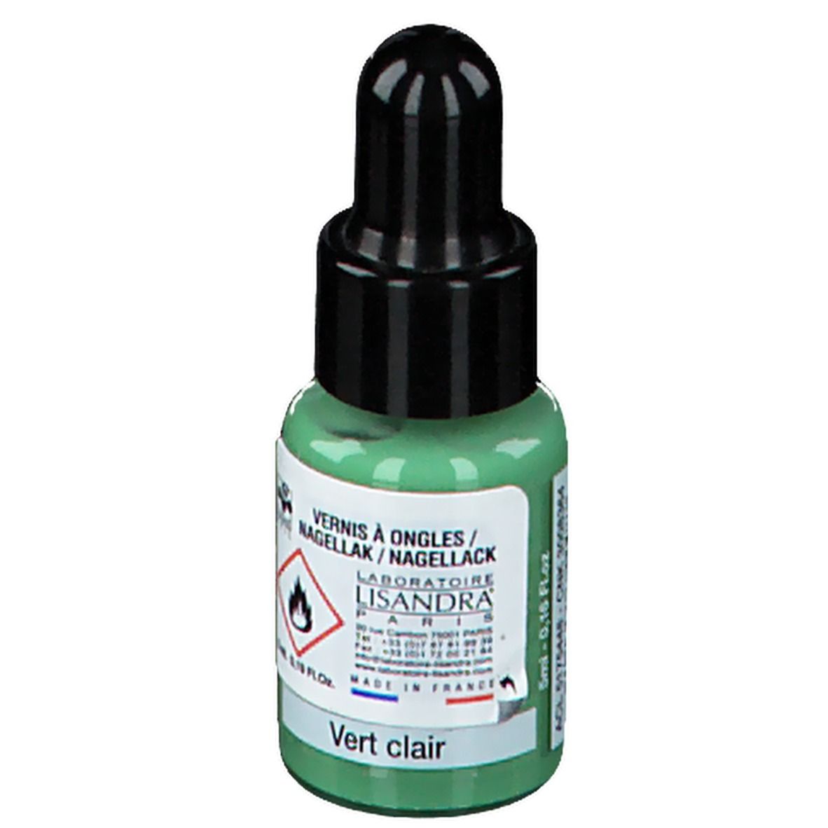 Flacon de vernis à ongles vert clair avec bouchon noir. Inscription : Lisandra, Vert clair. Avertissement. 5ml.