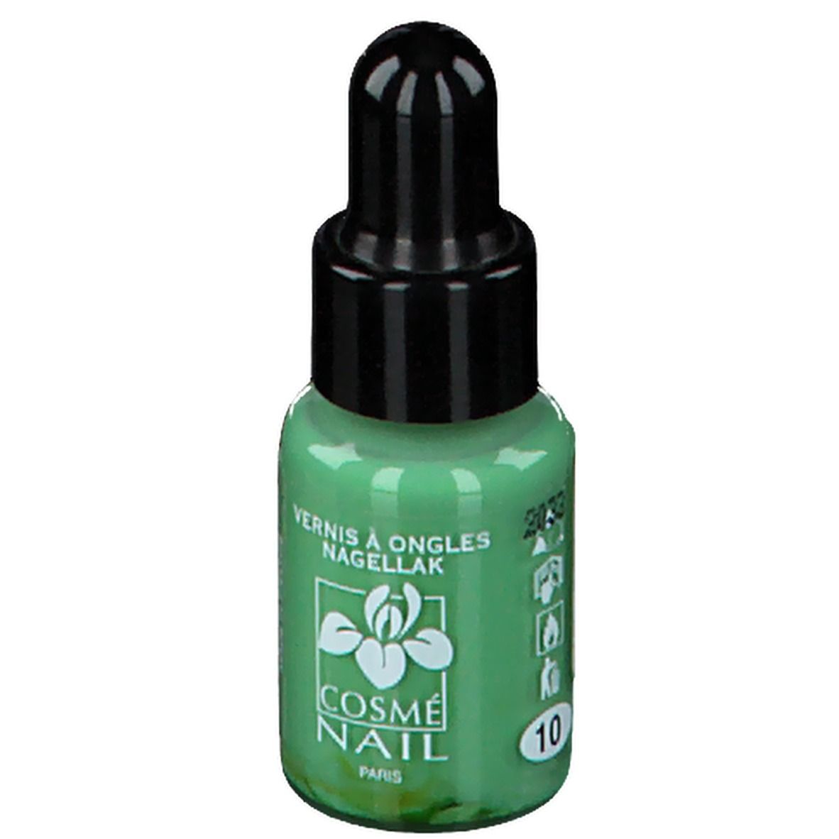 Flacon de vernis à ongles vert clair avec bouchon noir. Inscription : Cosmé Nail Paris. Couleur : vert clair. Numéro 10.