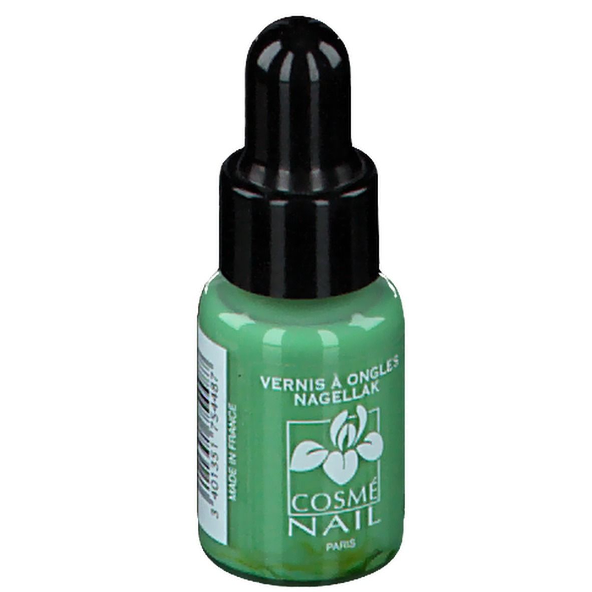 Flacon de vernis à ongles vert clair avec bouchon noir. Inscription : Cosmé Nail Paris. Fabriqué en France.