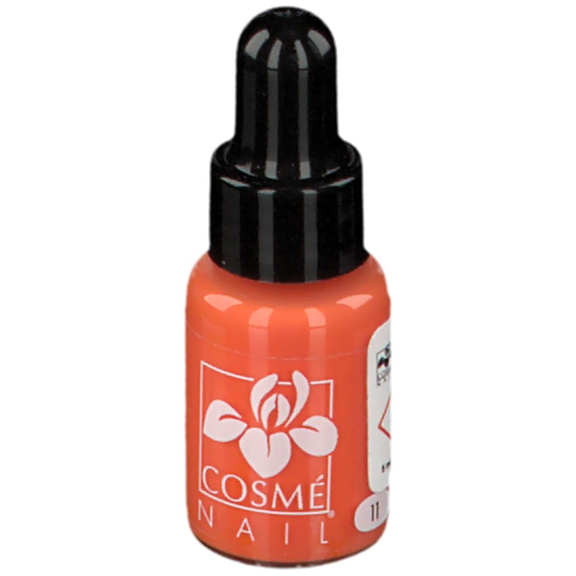 Flacon de vernis à ongles orange avec bouchon noir. Inscription: COSMÈ NAIL. Teinte 11.