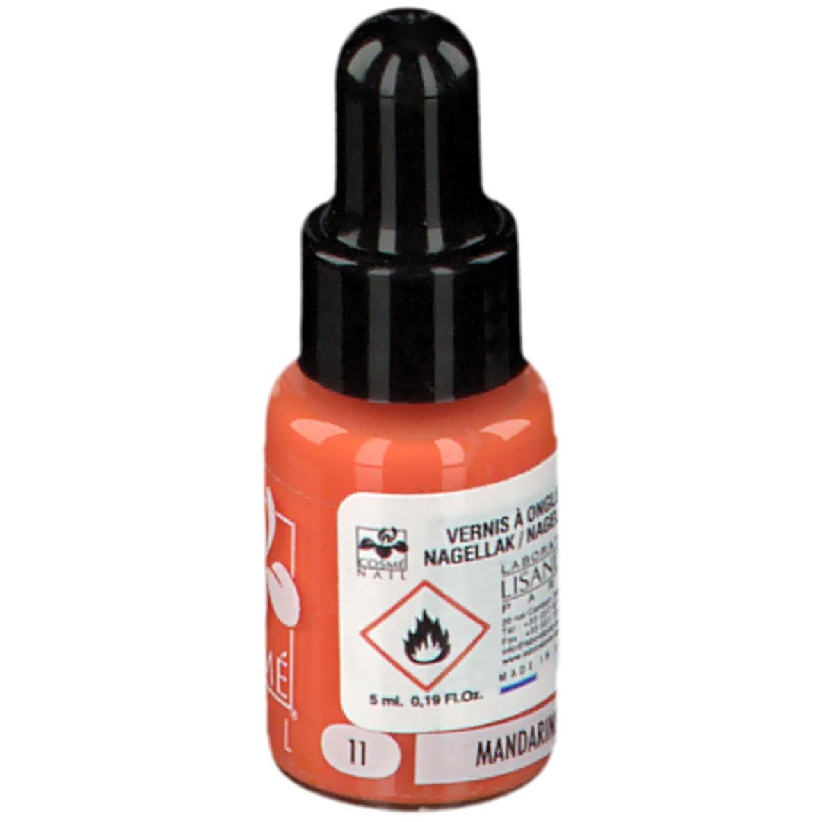 Flacon de vernis à ongles orange, bouchon noir. Inscription: COSMÈ NAIL, Vernis á Ongle. Teinte 11, Mandarin.