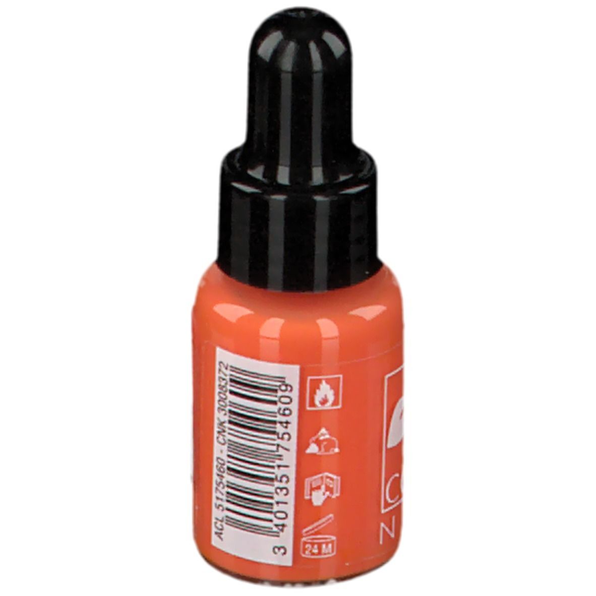 Flacon de vernis à ongles orange avec bouchon noir. Inscription: COSMÈ NAIL. Teinte 11.