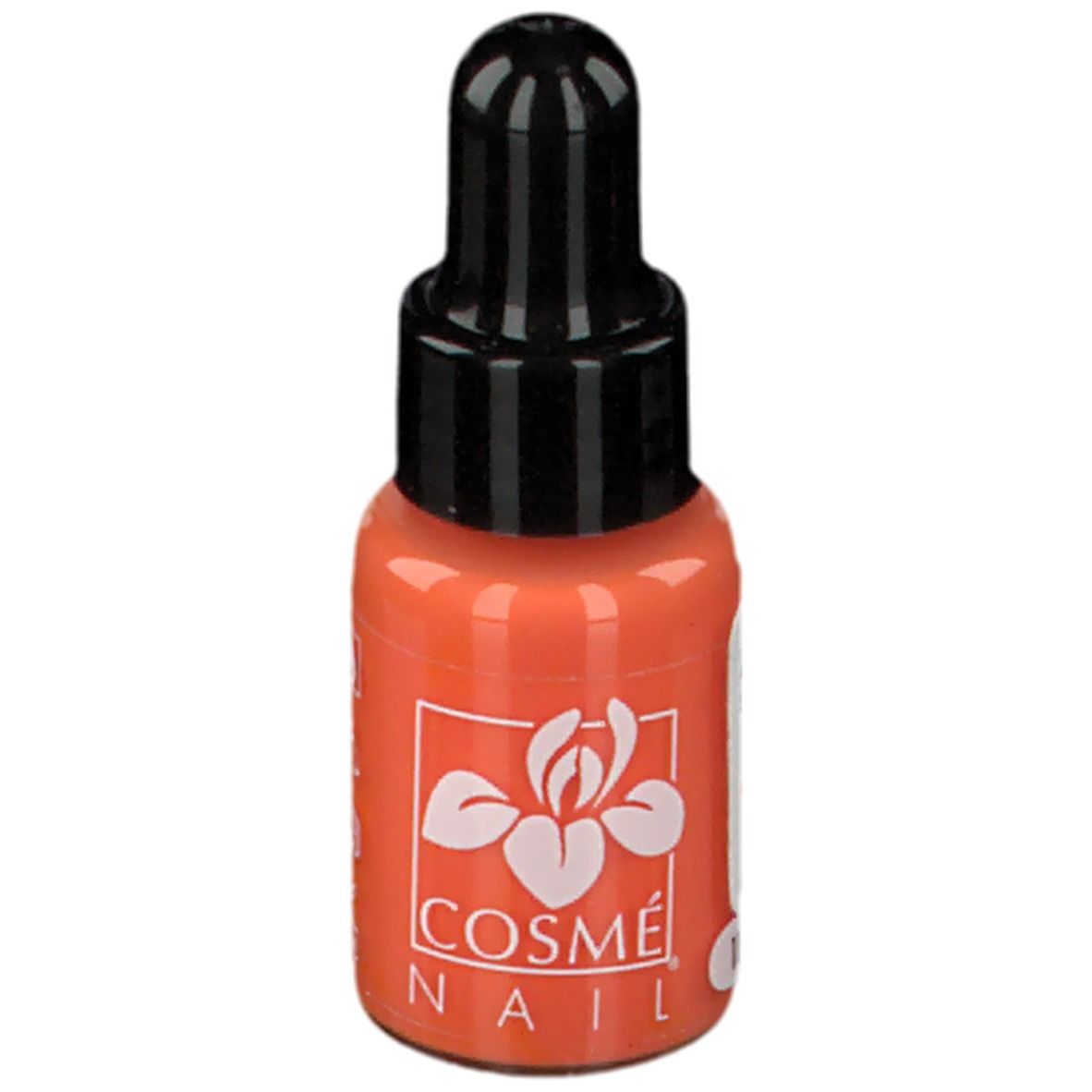 Flacon de vernis à ongles orange avec bouchon noir. Inscription: COSMÈ NAIL. Teinte 11.