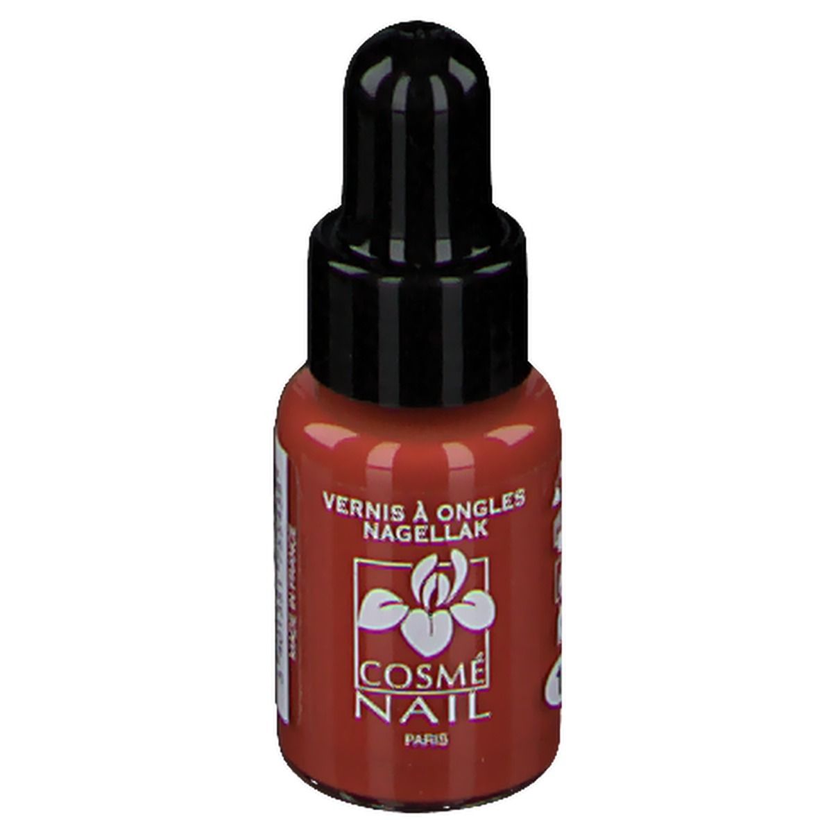 Flacon de vernis à ongles avec bouchon noir. Inscription: Cosmé Nail Paris. Couleur: Marron clair.
