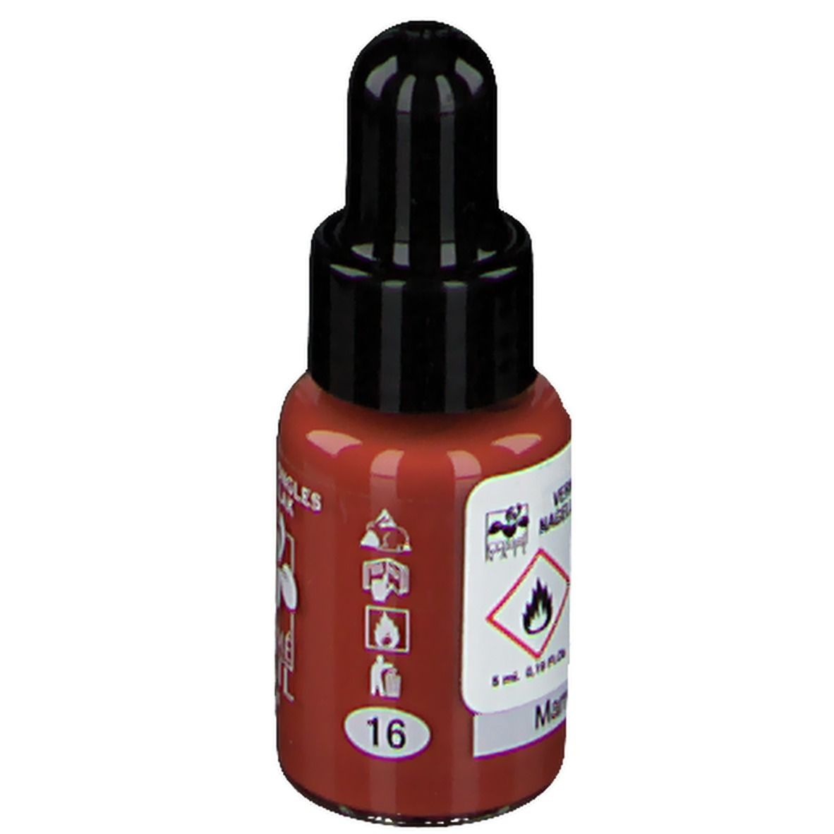 Flacon de vernis à ongles avec bouchon noir. Inscription: Nagellack. Couleur: Marron clair. Numéro 16.