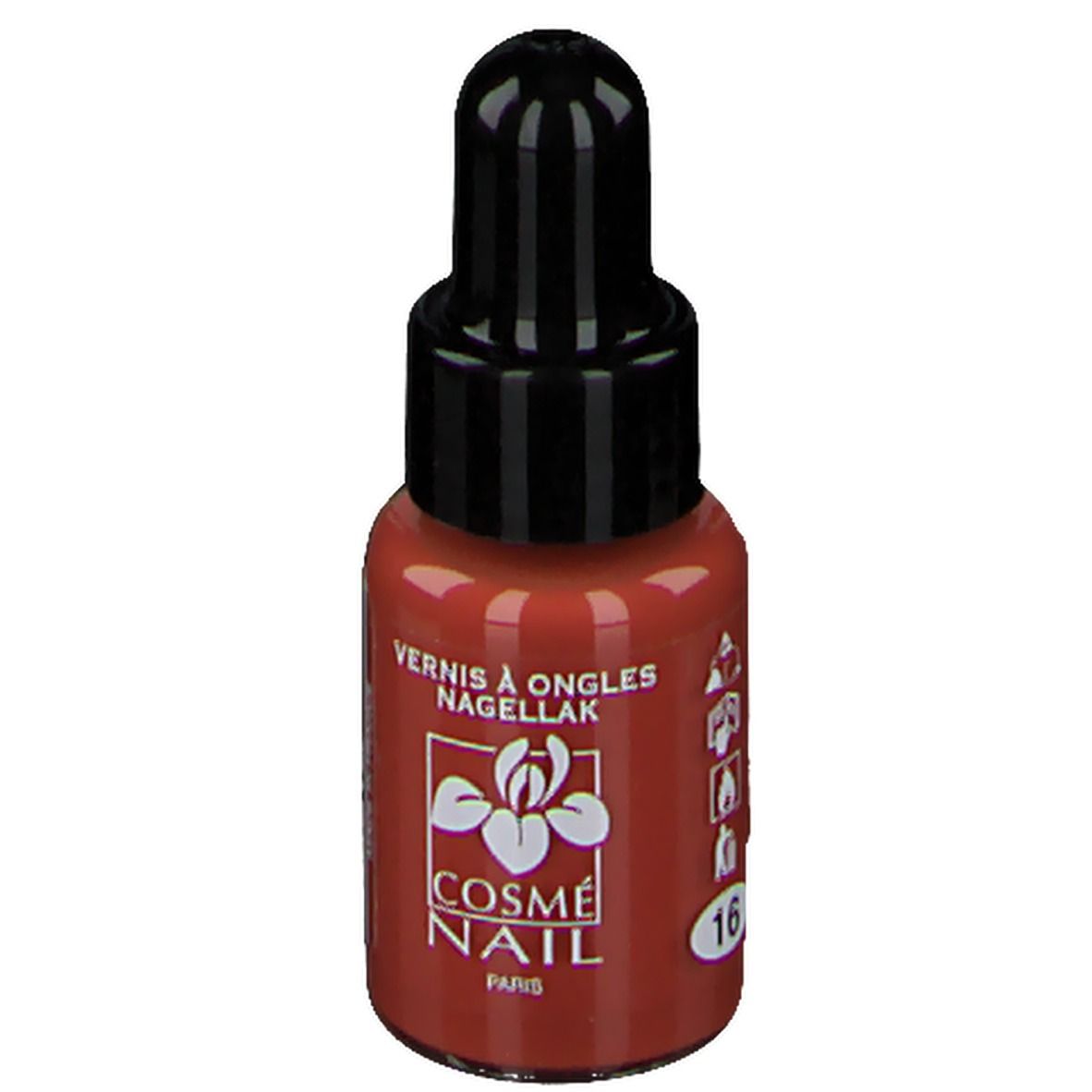 Flacon de vernis à ongles avec bouchon noir. Inscription: Cosmé Nail Paris. Couleur: Marron clair. Numéro 16.