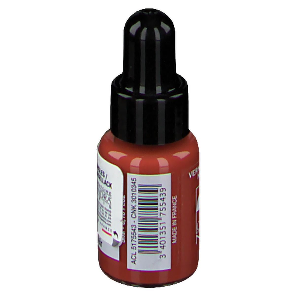 Flacon de vernis à ongles avec bouchon noir. Inscription: Nagellack. Code-barres et texte: Made in France. Code ACL.