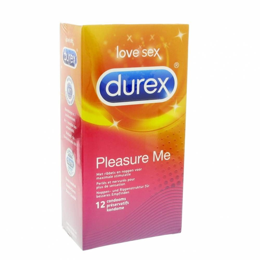 Boîte de préservatifs Durex Pleasure Me. 12 préservatifs. Inscriptions en allemand, néerlandais et français. Logo Durex en évidence.