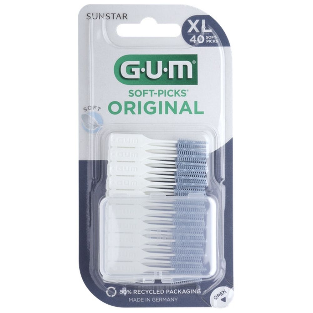 GUM Soft-Picks Original en blister. Contient 40 pièces. Têtes de brosse bleues et blanches.