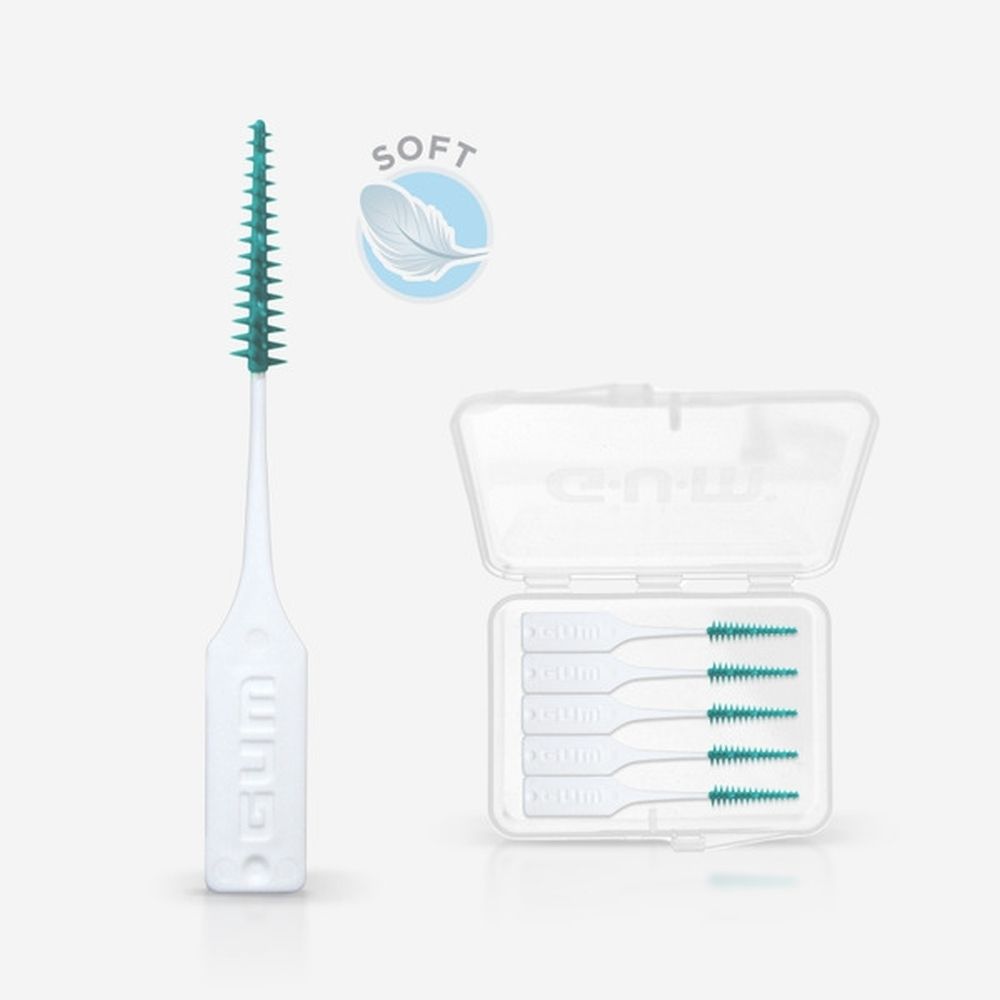 GUM Soft-Picks, brosse et étui individuels. Soies vertes, manche blanc. Symbole doux.