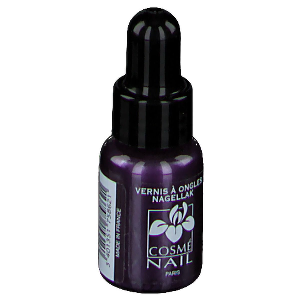 Flacon de vernis à ongles, violet. Bouchon noir. Inscription: Cosmé Nail, Paris. Made in France. Code-barres.
