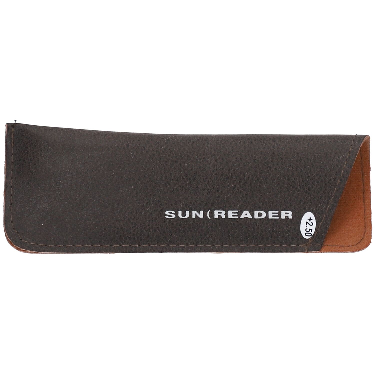 Étui marron avec SUN READER et +2.5. Rabat. Couleur marron.