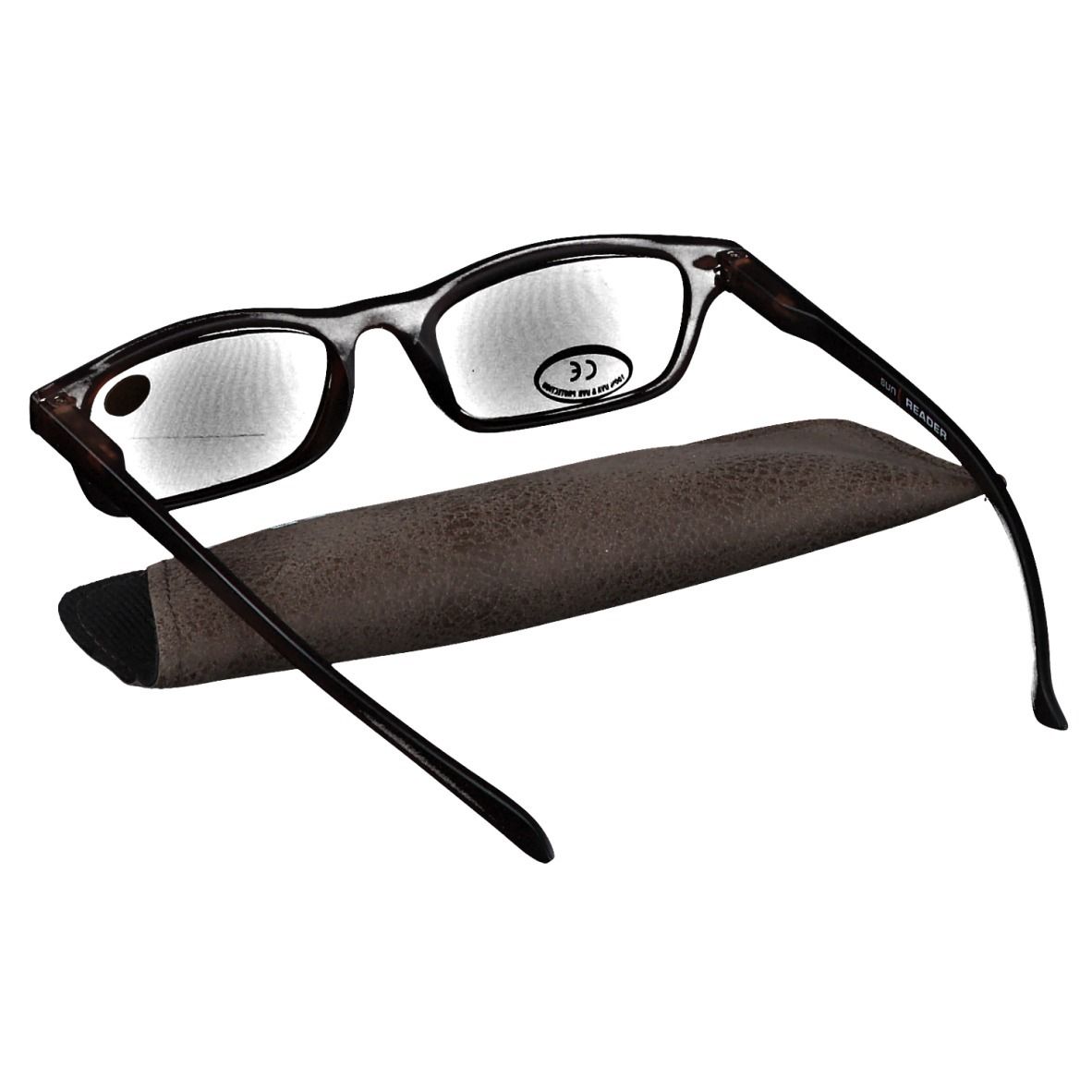 Lunettes de soleil et étui. Lunettes +2.5. Étui marron avec SUN READER. Marquage CE.
