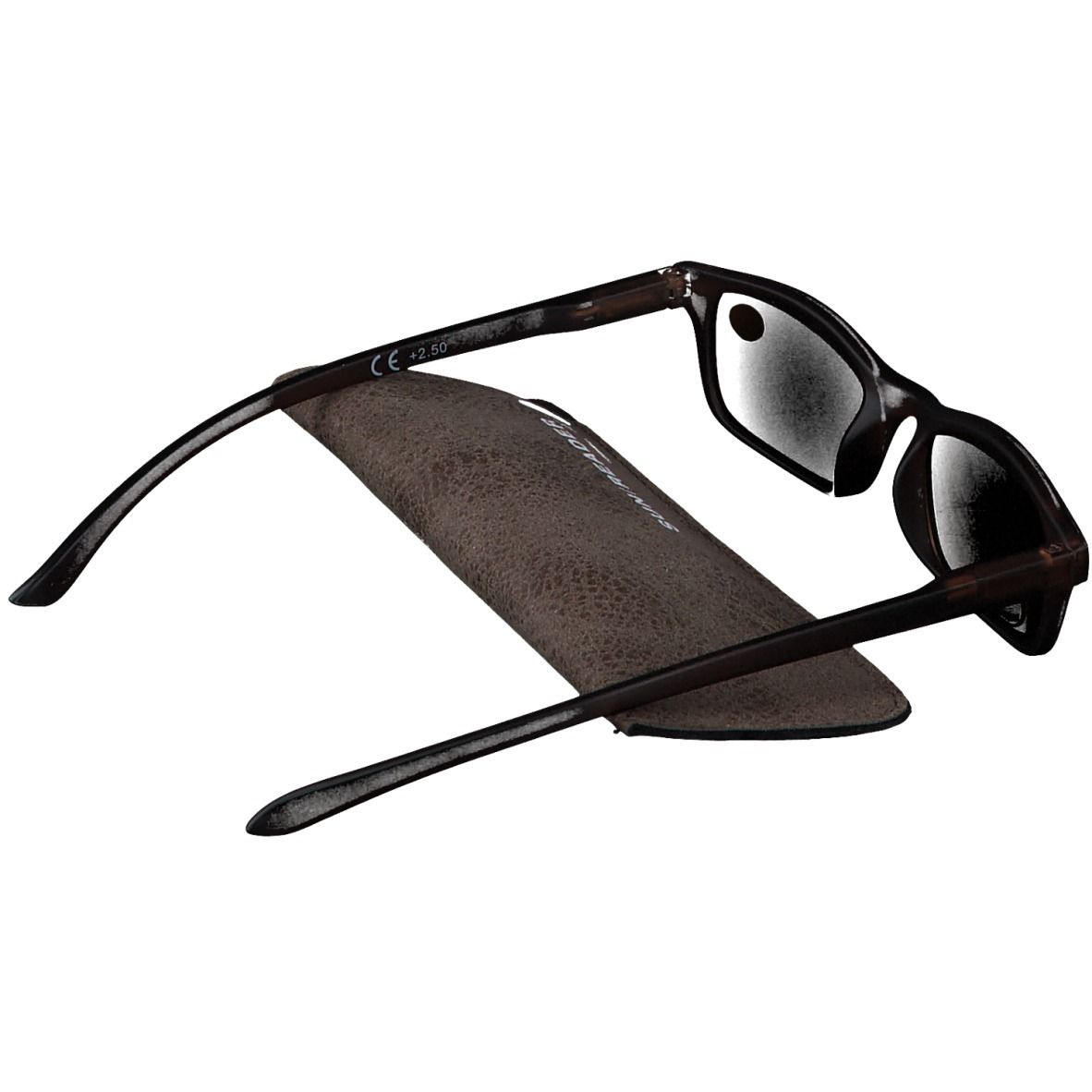 Lunettes de soleil et étui. Lunettes +2.5. Étui marron avec SUN READER. Marquage CE.