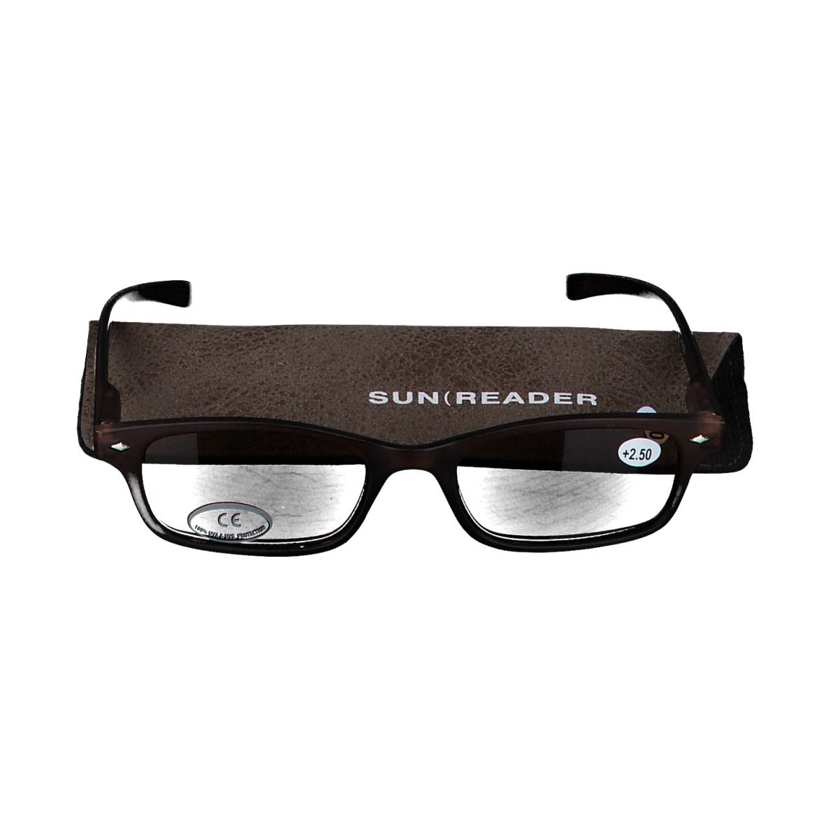 Lunettes de soleil et étui. Lunettes +2.5. Étui marron avec SUN READER. Marquage CE.