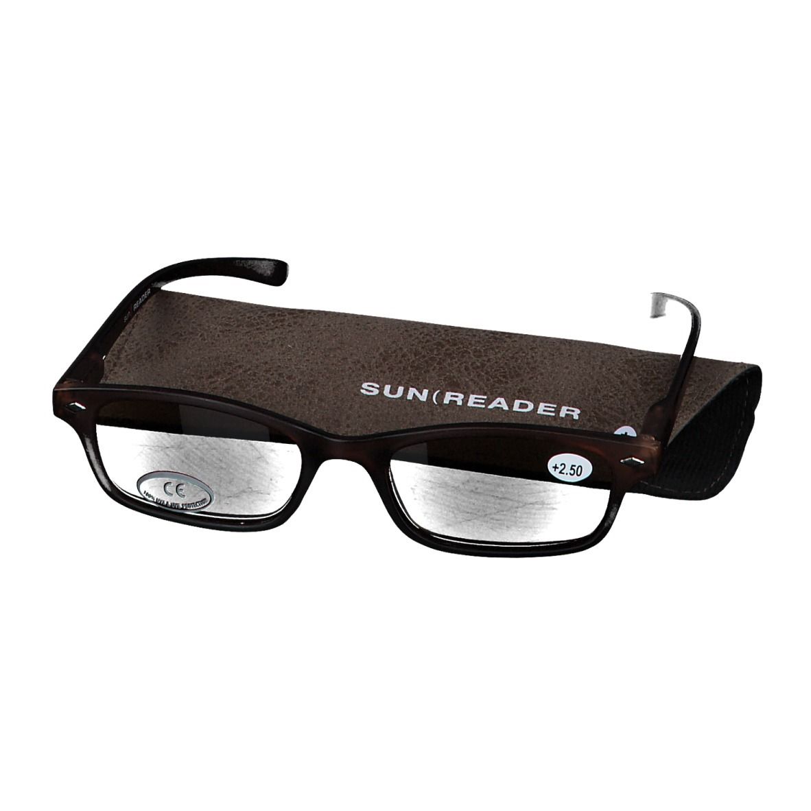 Lunettes de soleil et étui. Lunettes +2.5. Étui marron avec SUN READER. Marquage CE.