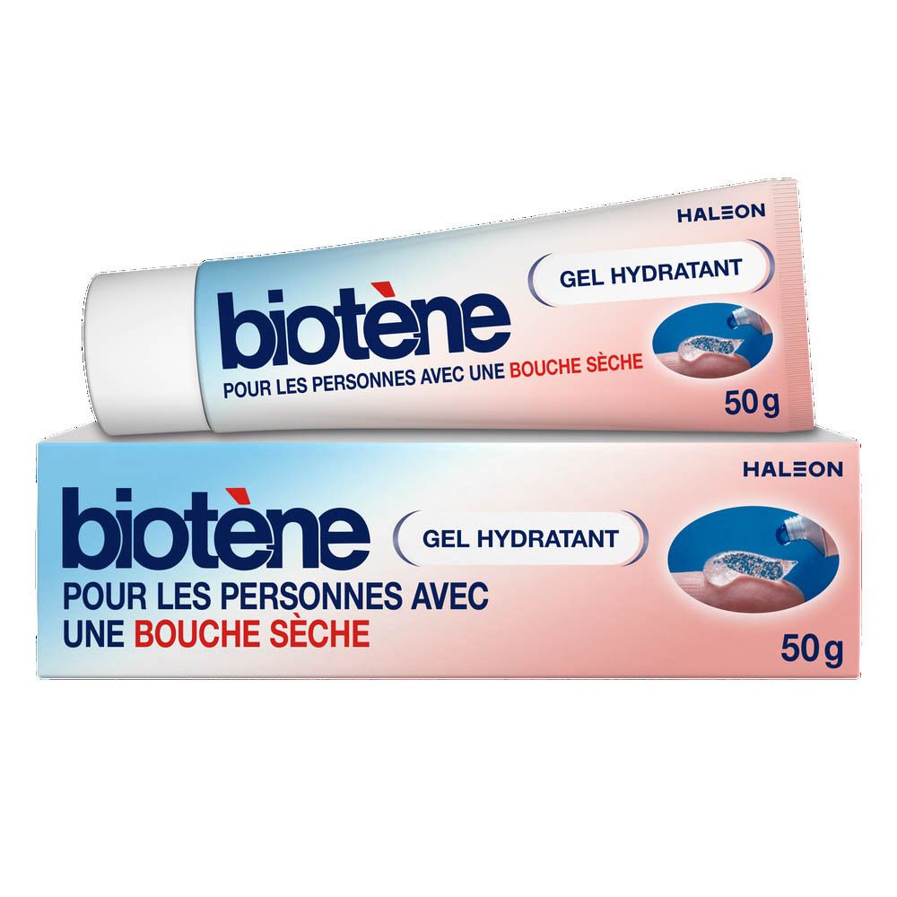 Tube et boîte de gel biotène™. Inscription : Pour les personnes avec une bouche sèche. 50g.