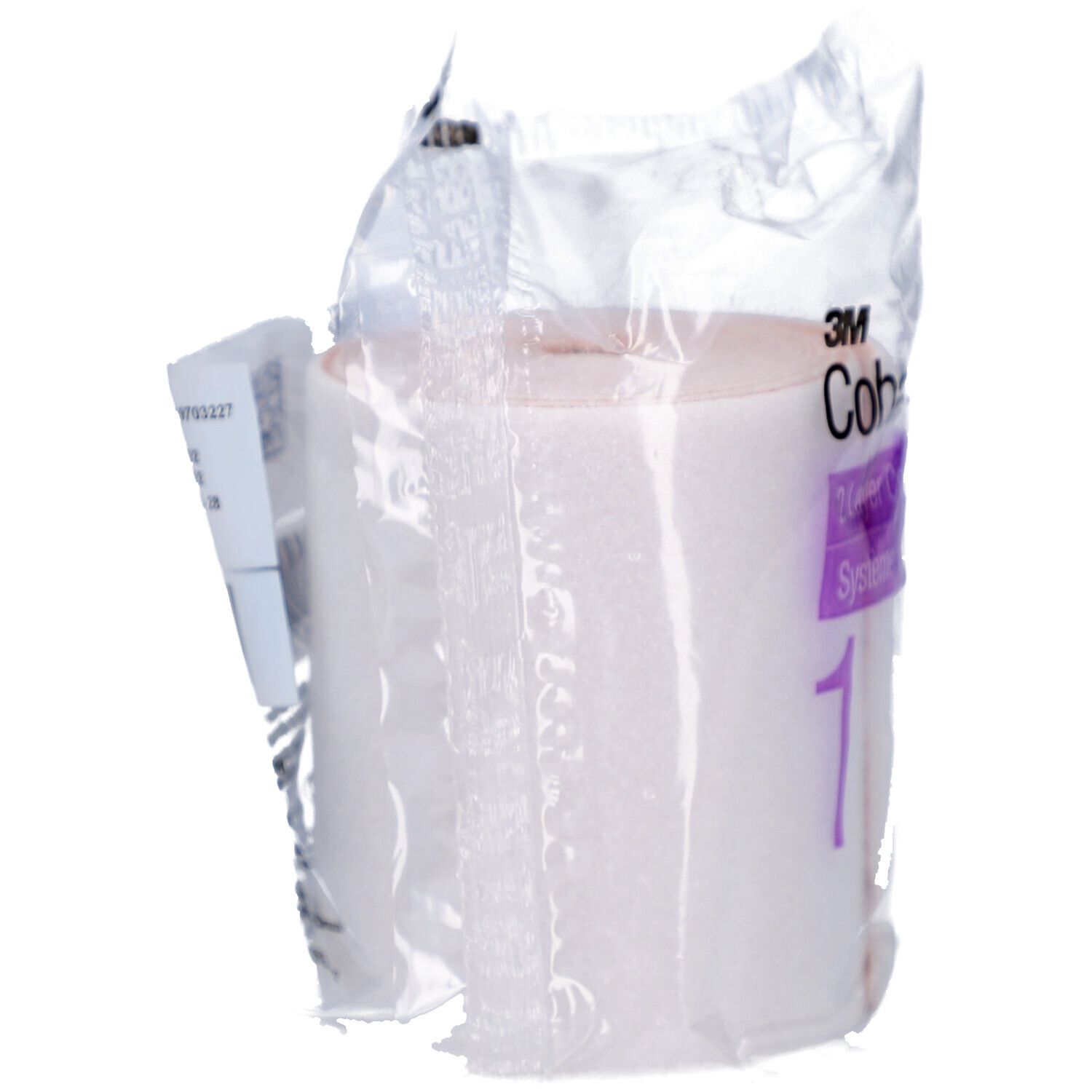 Rouleau emballé 3M Coban 2. Inscription : 1. Bandage blanc, accent violet. En film. Informations produit sur une étiquette.
