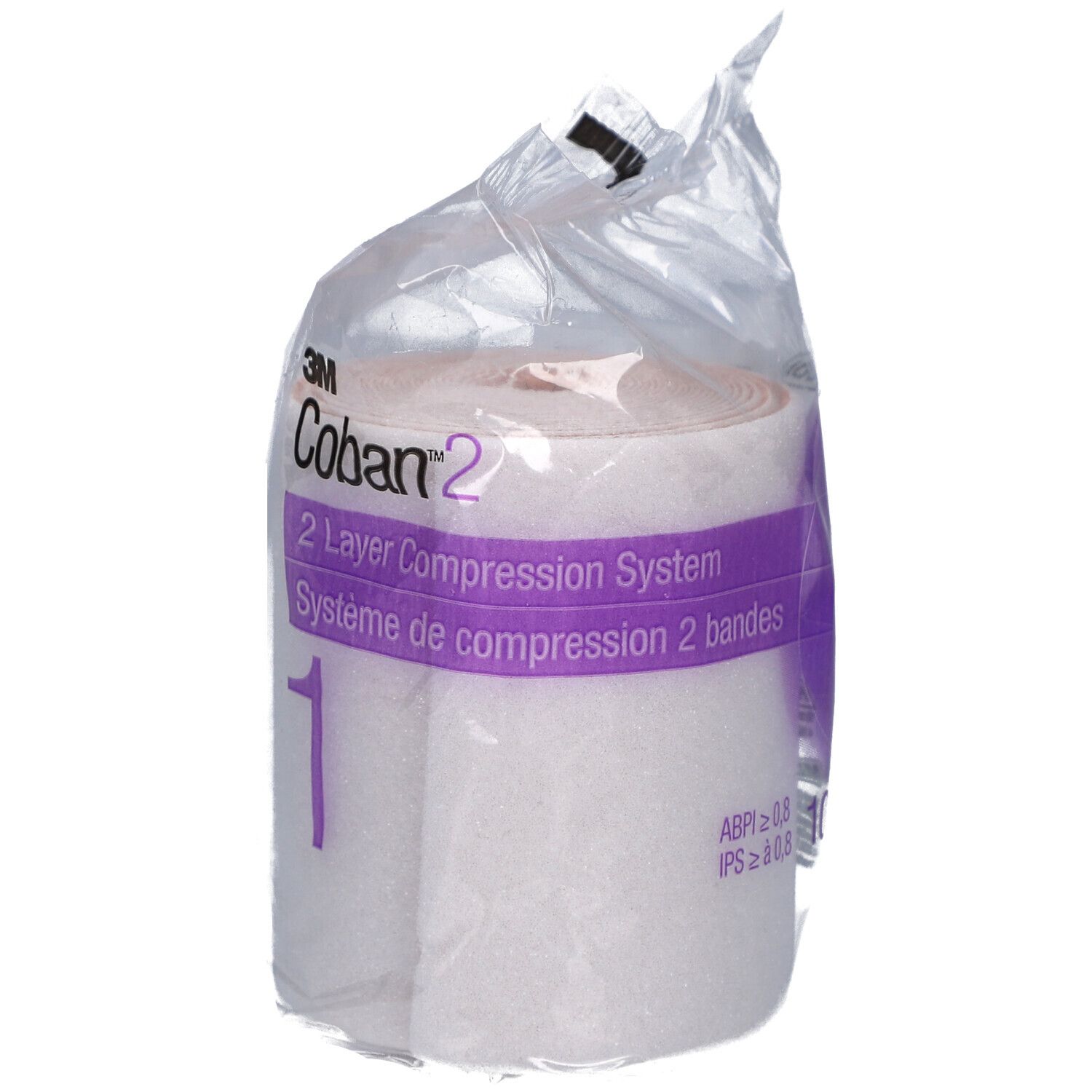 Rouleau emballé 3M Coban 2. Inscription : 2 Layer Compression System, Système de compression 2 bandes. Bandage blanc, accent violet. En film.
