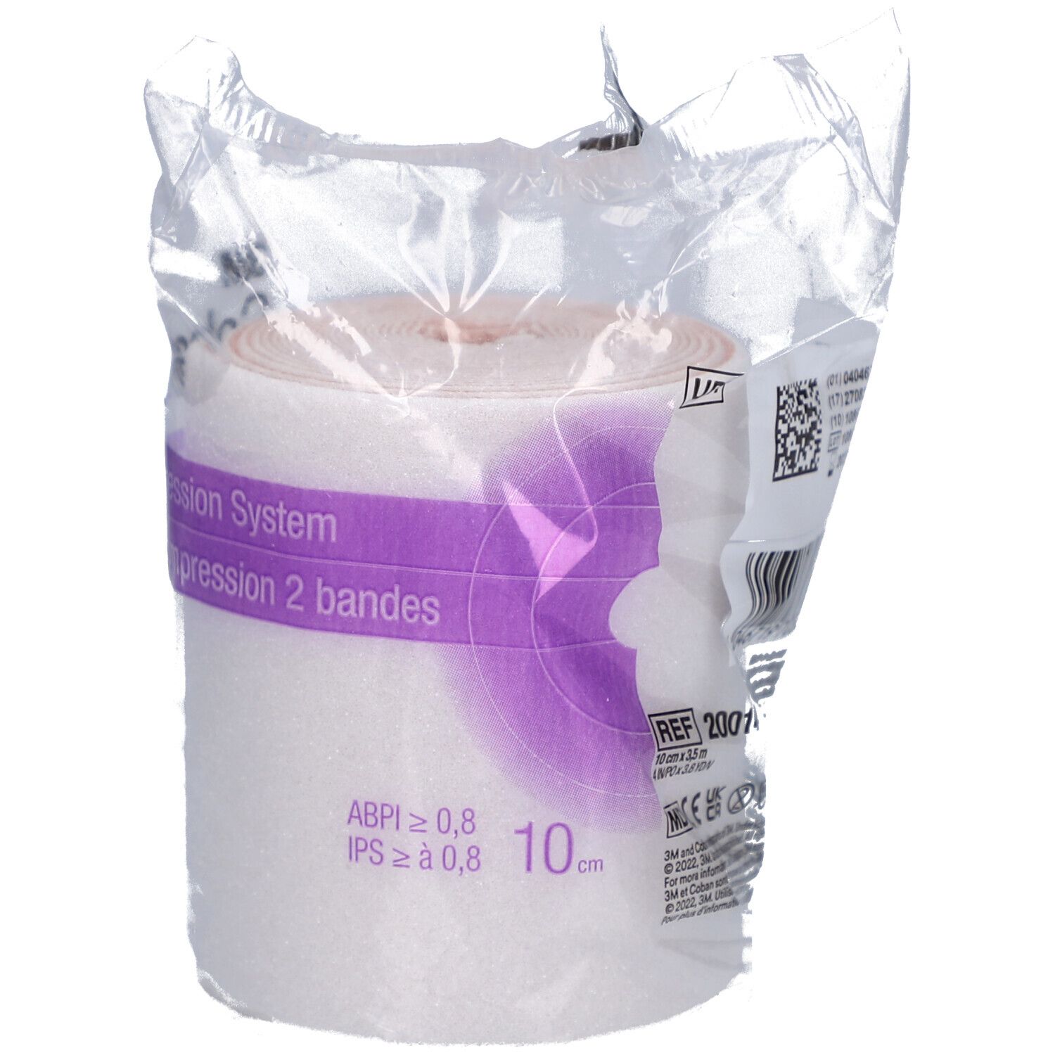 Rouleau emballé 3M Coban 2. Inscription : 10 cm, ABPI ≥ 0,8, IPS ≥ 0,8. Bandage blanc, accent violet. En film.