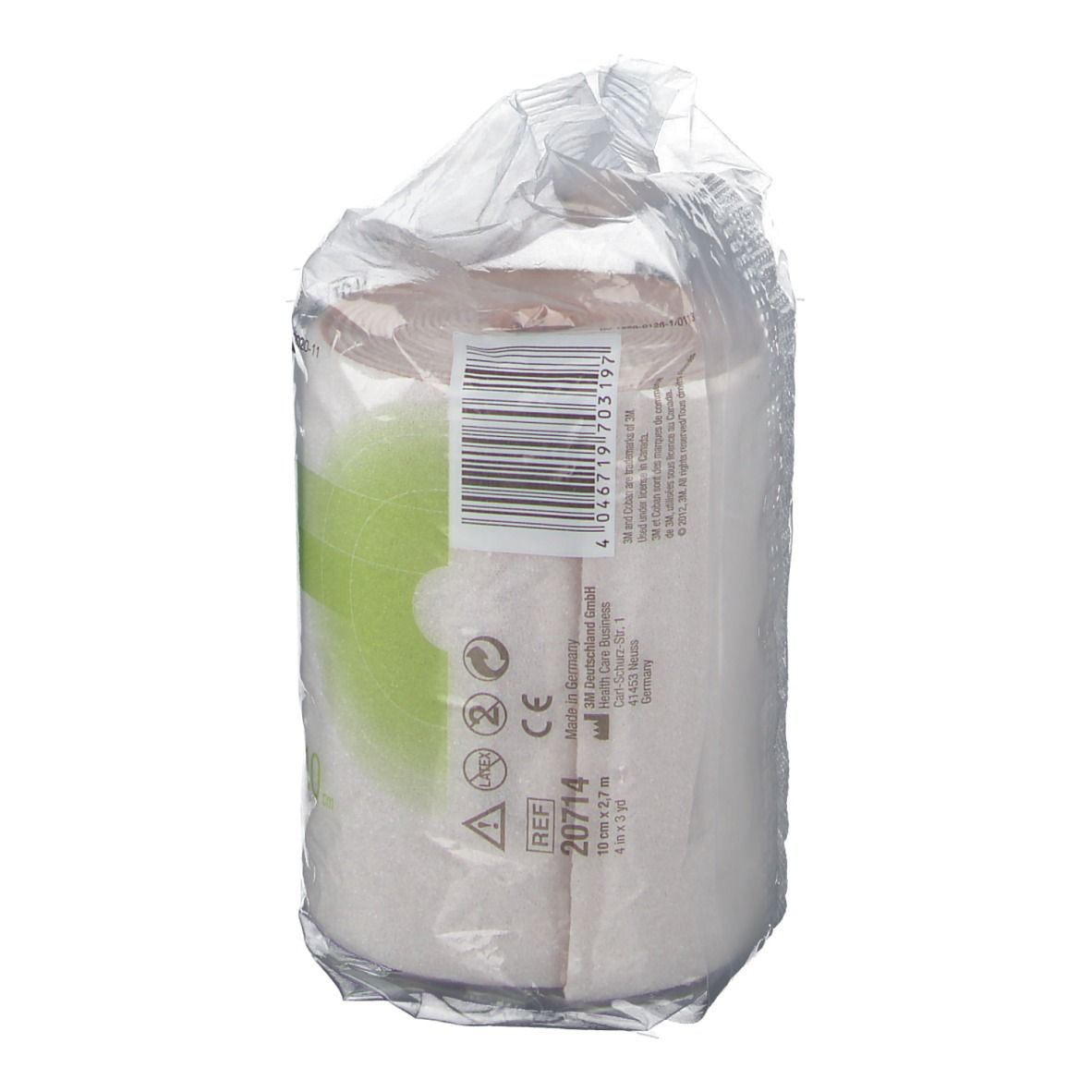 Rouleau de bandage en emballage plastique. Impression: 3M Coban 2 Lite. Bandes vertes. Emballage transparent.