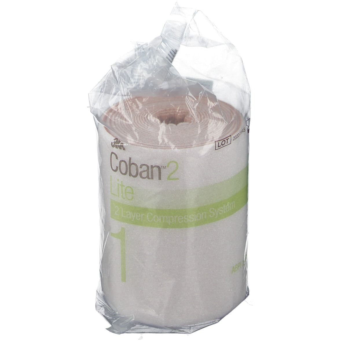 Rouleau de bandage en emballage plastique. Code-barres et étiquette. Emballage transparent. Produit visible.