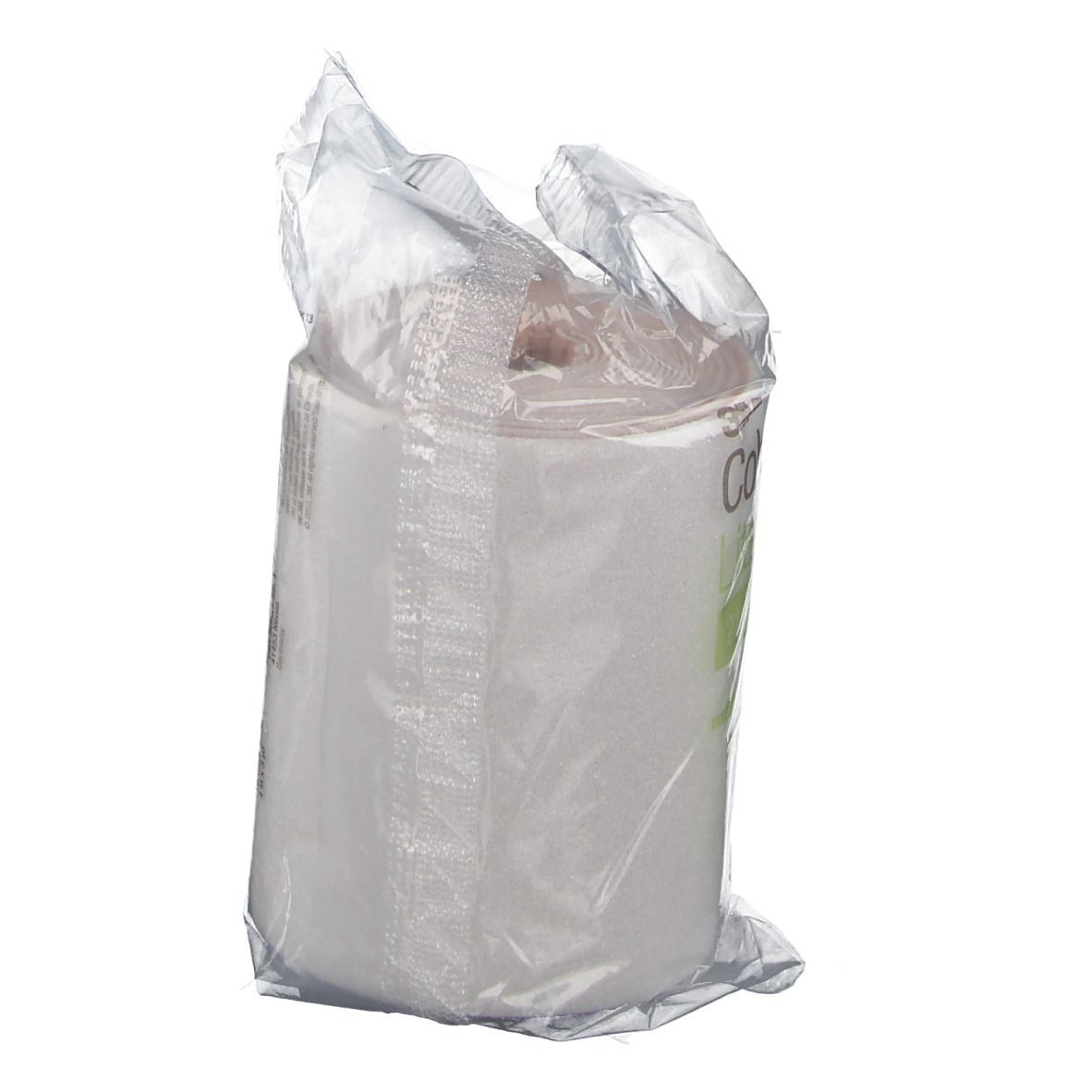 Rouleau de bandage en emballage plastique. Étiquette avec informations. Bandes vertes. Emballage transparent.